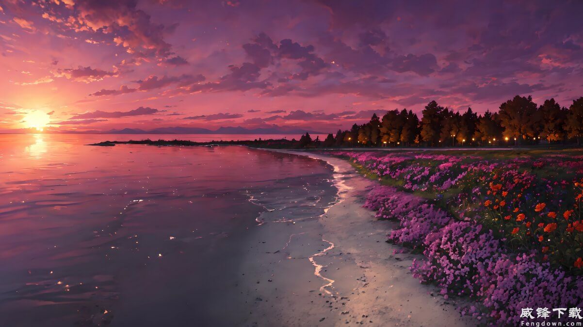 夕阳 沙滩 花田4K风景壁纸