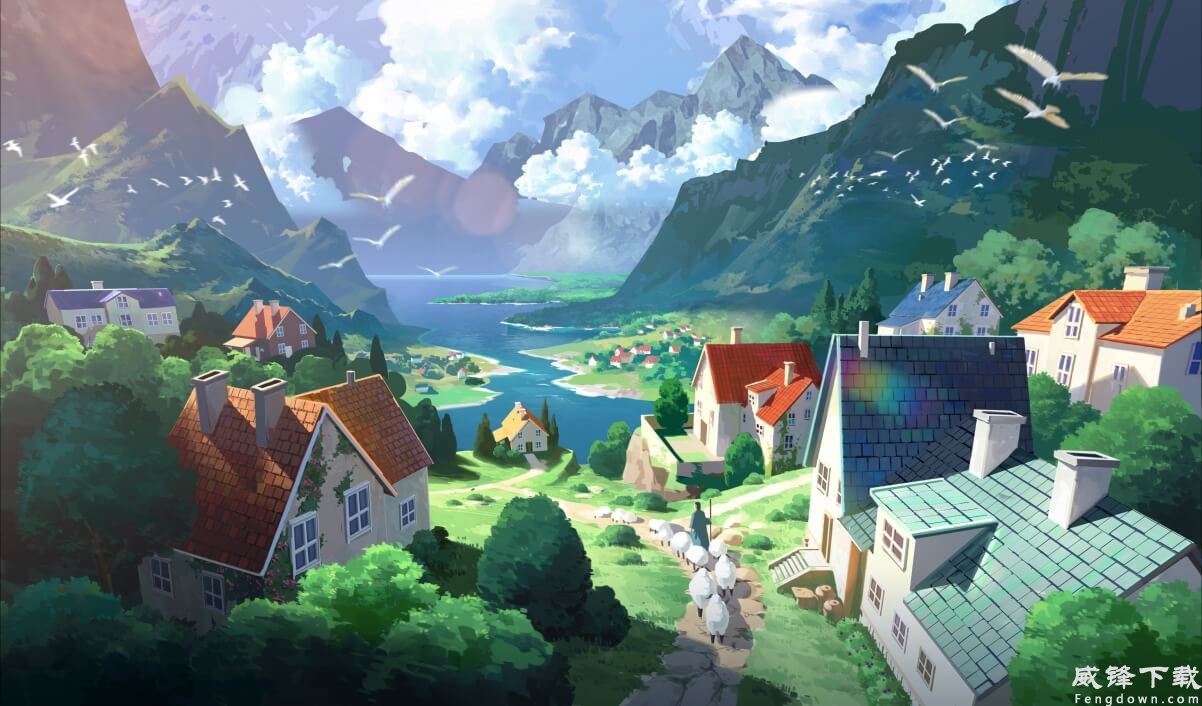 4k 美丽海边房子 动漫风景 天空 山 别墅 电脑壁纸