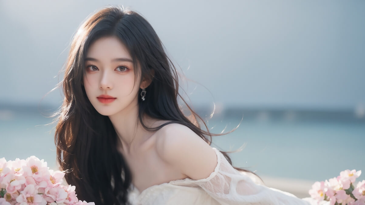 长发美女 鲜花 白色裙子4K壁纸