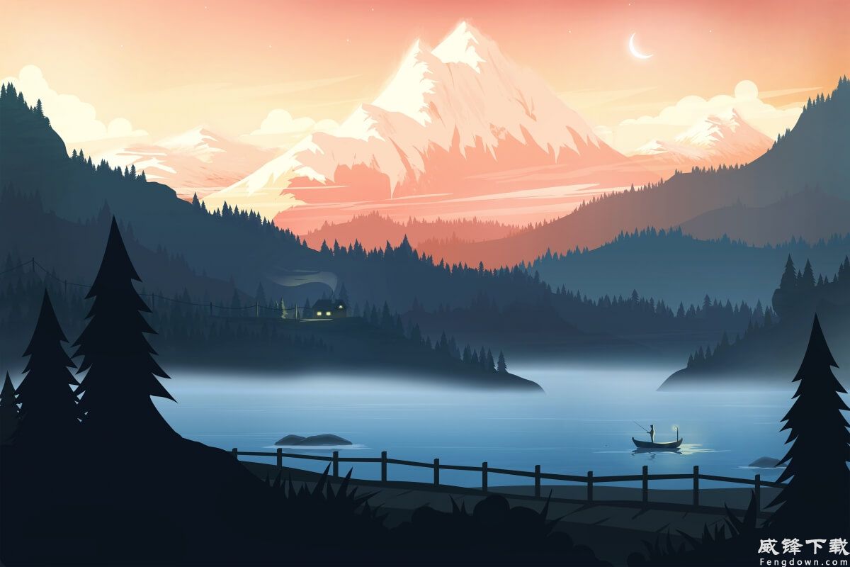 唯美 风景 山 房子 灯光 湖泊 森林 树木 高山 月亮 星星 4k 高清 壁纸