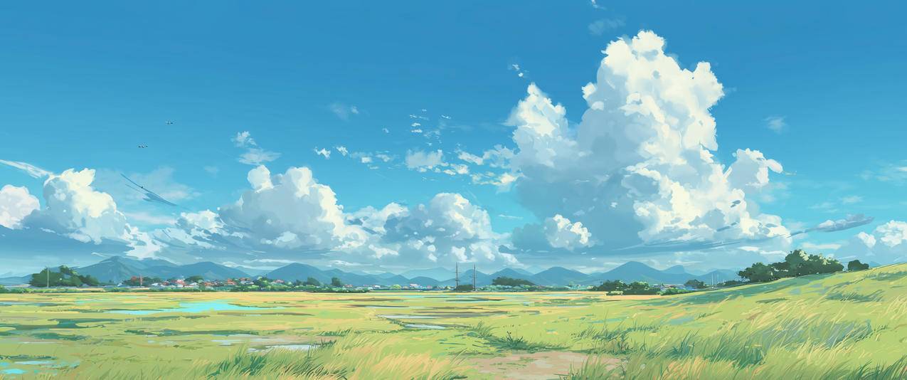 蓝天白云 清新草地 带鱼屏风景壁纸