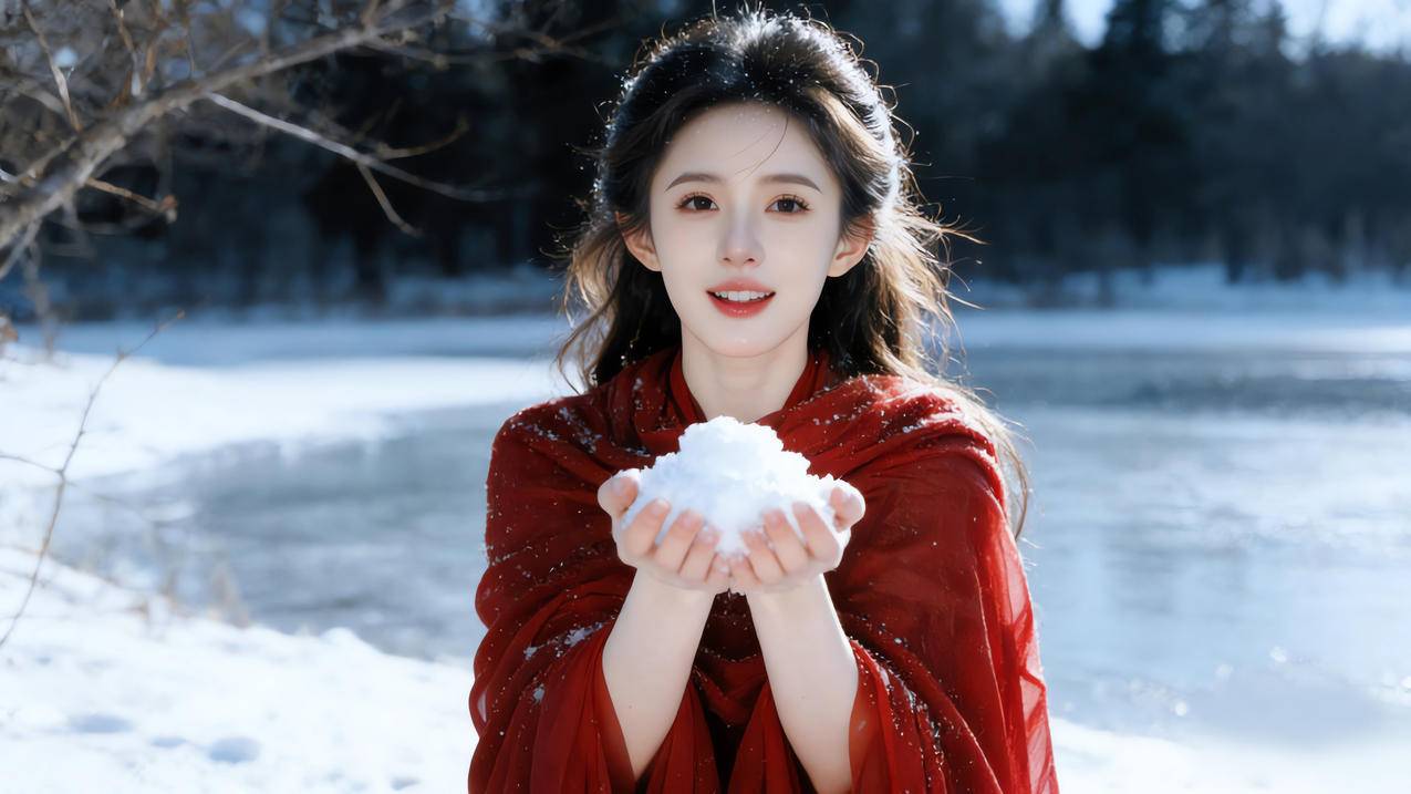 冬季红衣美女手捧着雪4K壁纸