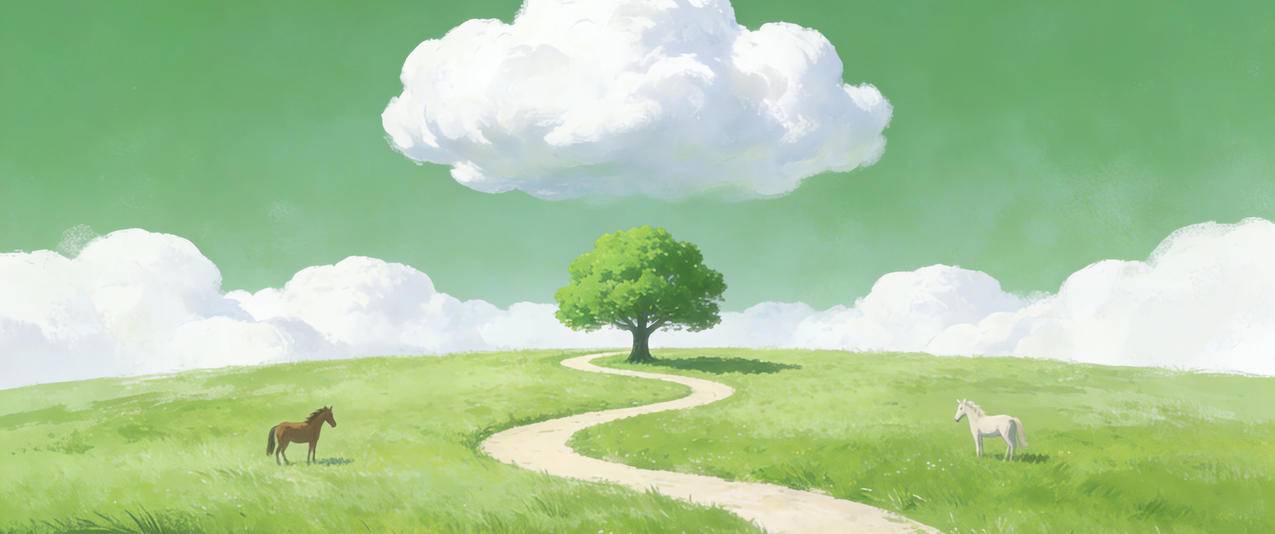 绿色天空 云朵 草地 马儿 弯曲小路 小树 小清新风景 带鱼屏壁纸