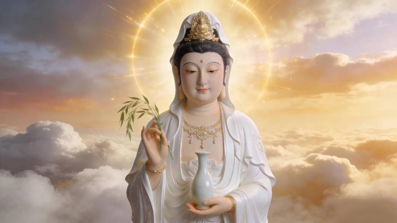 观音菩萨 天空 云 佛光 4K电脑壁纸