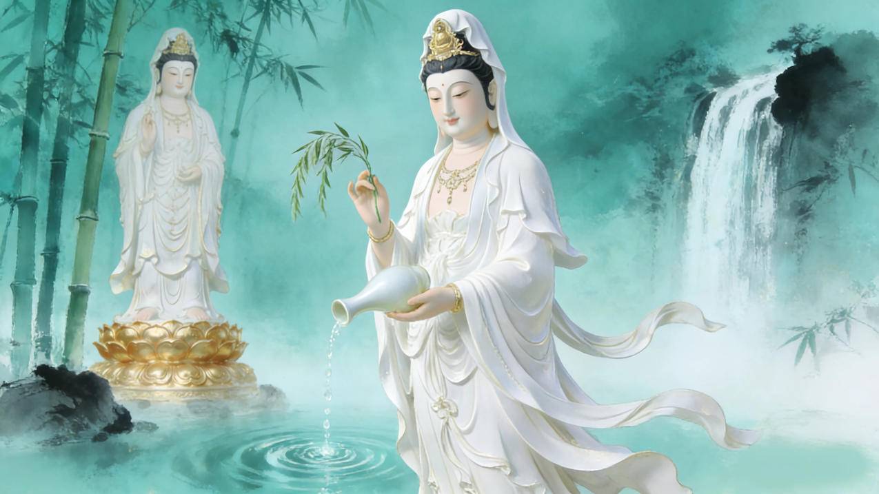观音菩萨 玉净瓶 竹叶 竹林 水 瀑布 4K桌面壁纸