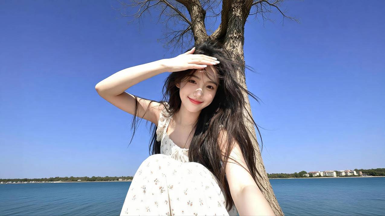 晴空美女 江边 树 4K壁纸