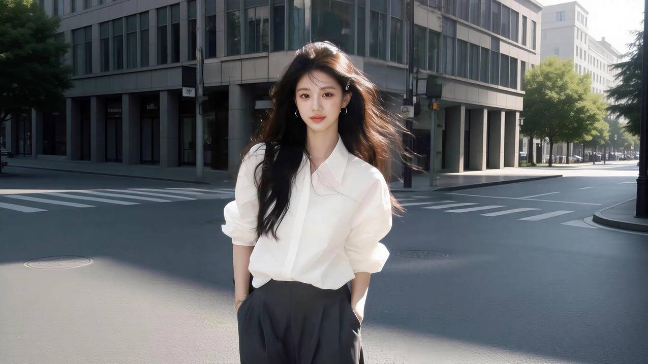 城市 街道 长发白色衬衫美女4K壁纸