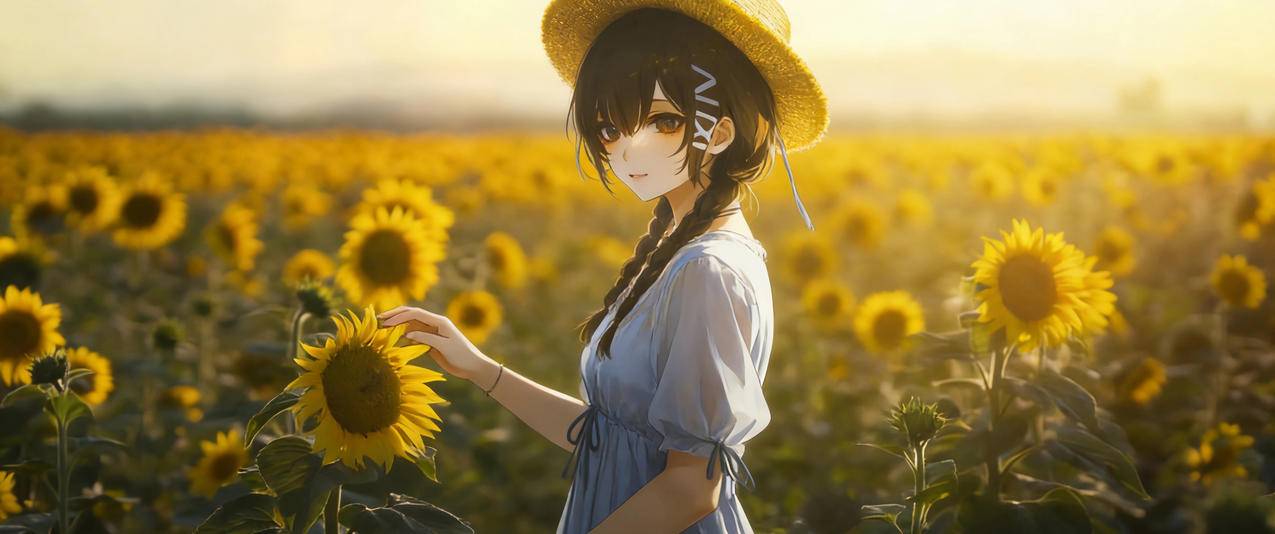 向日葵 花海 女生 帽子双马尾辫 白色裙子带鱼屏壁纸