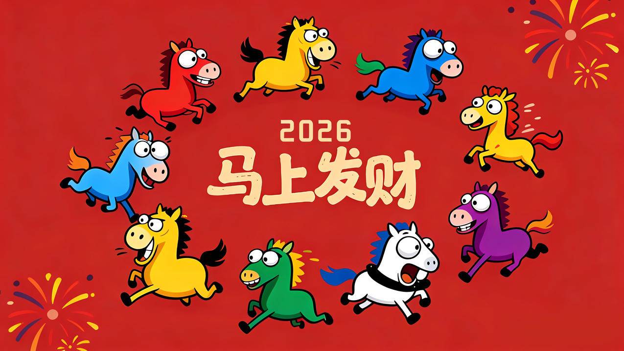 2026年马上发财 红色背景 可爱卡通马 九匹马4K壁纸