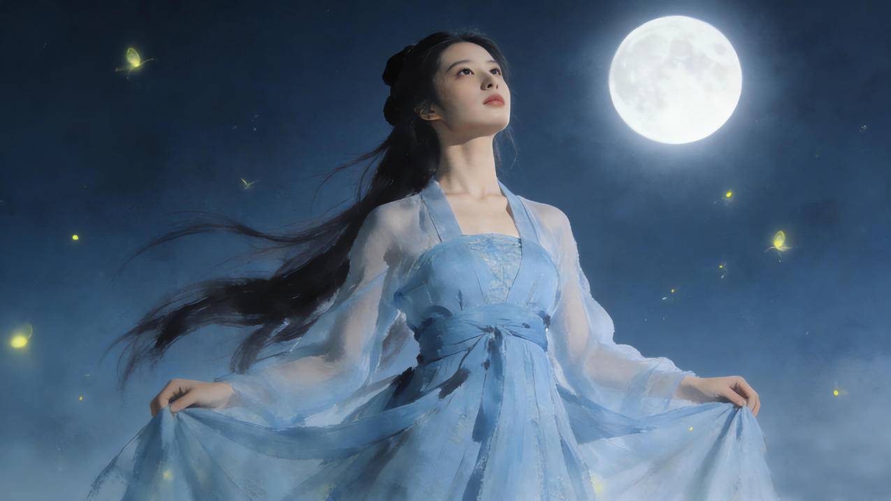 仙气古风美女 水墨风 月亮 4K壁纸
